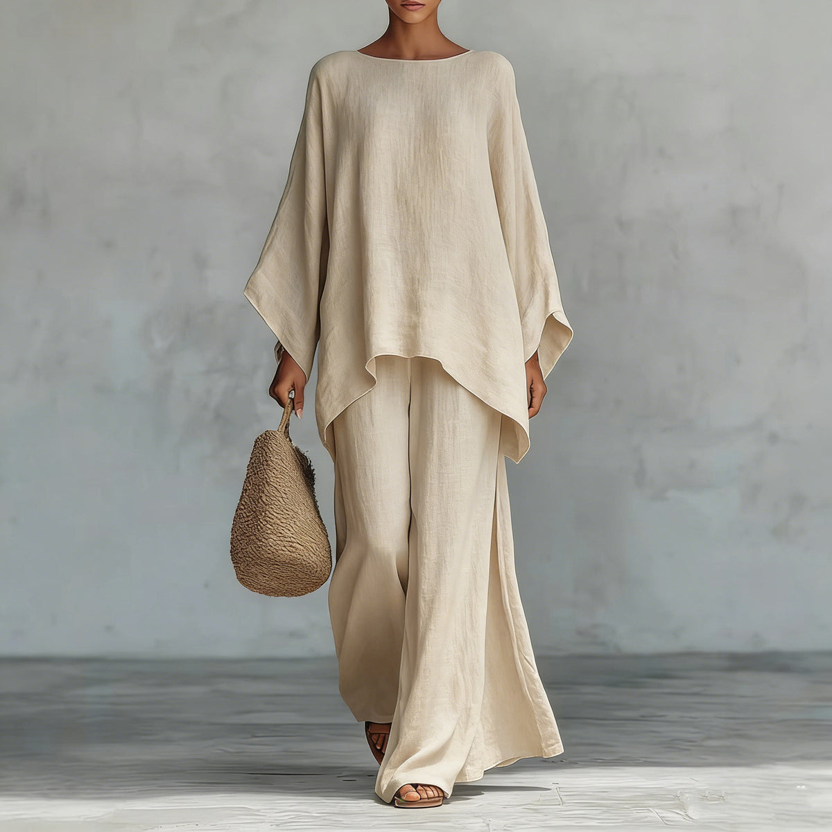 Linen Blend Shirt and Wide-Leg Pants Lounge Set
