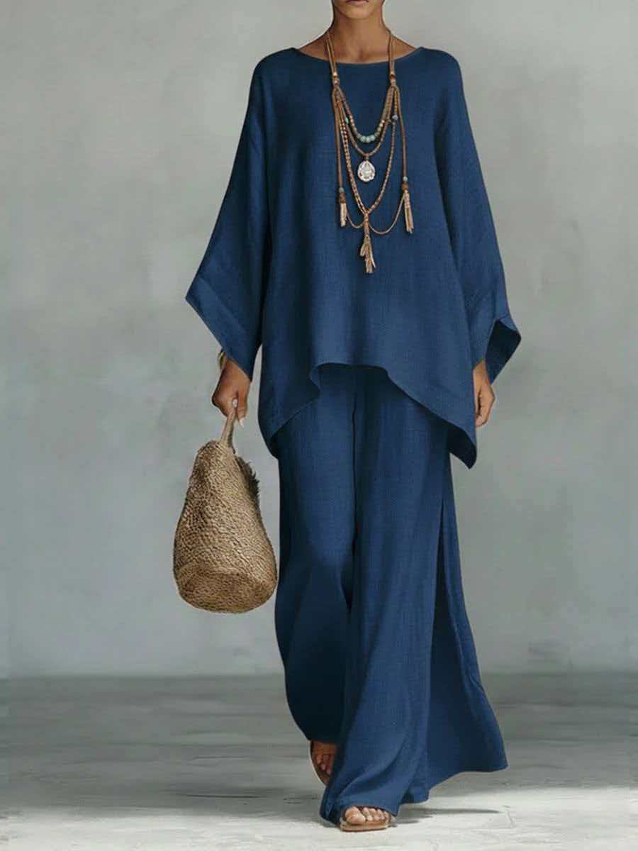 Linen Blend Shirt and Wide-Leg Pants Lounge Set