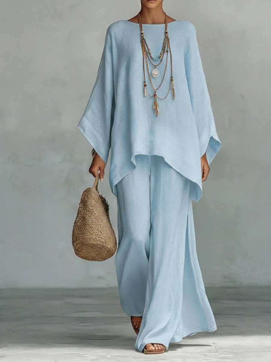 Linen Blend Shirt and Wide-Leg Pants Lounge Set