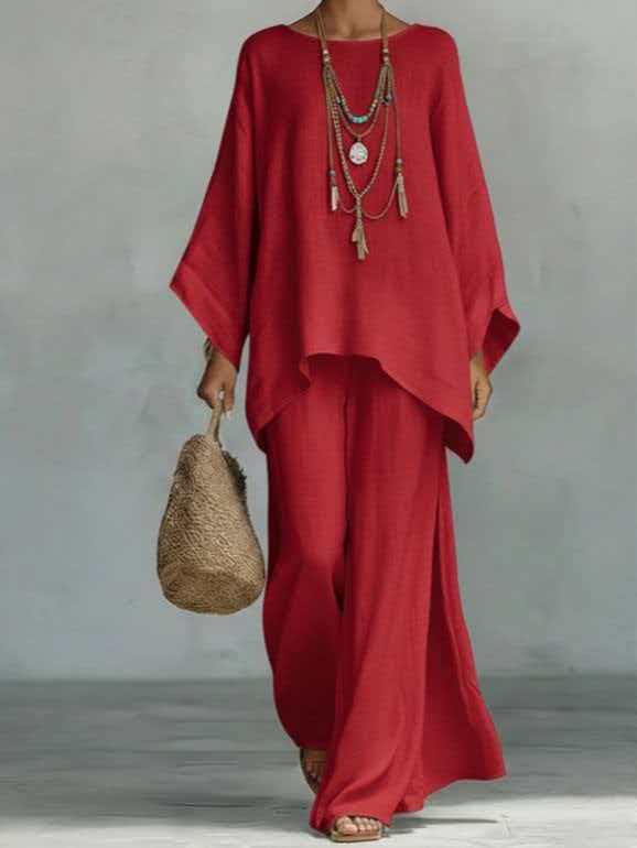 Linen Blend Shirt and Wide-Leg Pants Lounge Set