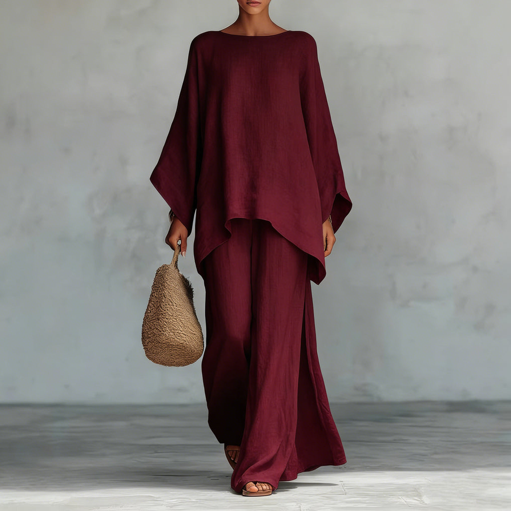 Linen Blend Shirt and Wide-Leg Pants Lounge Set